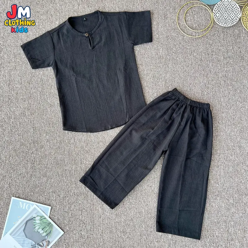 JM Kids - Setelan Baju Muslim Anak Laki Laki / Setelan Koko Lengan Pendek Celana Panjang Usia 1-8 Tahun / Setelan Baju Anak Laki Laki Model Kancing Buttonwood 1