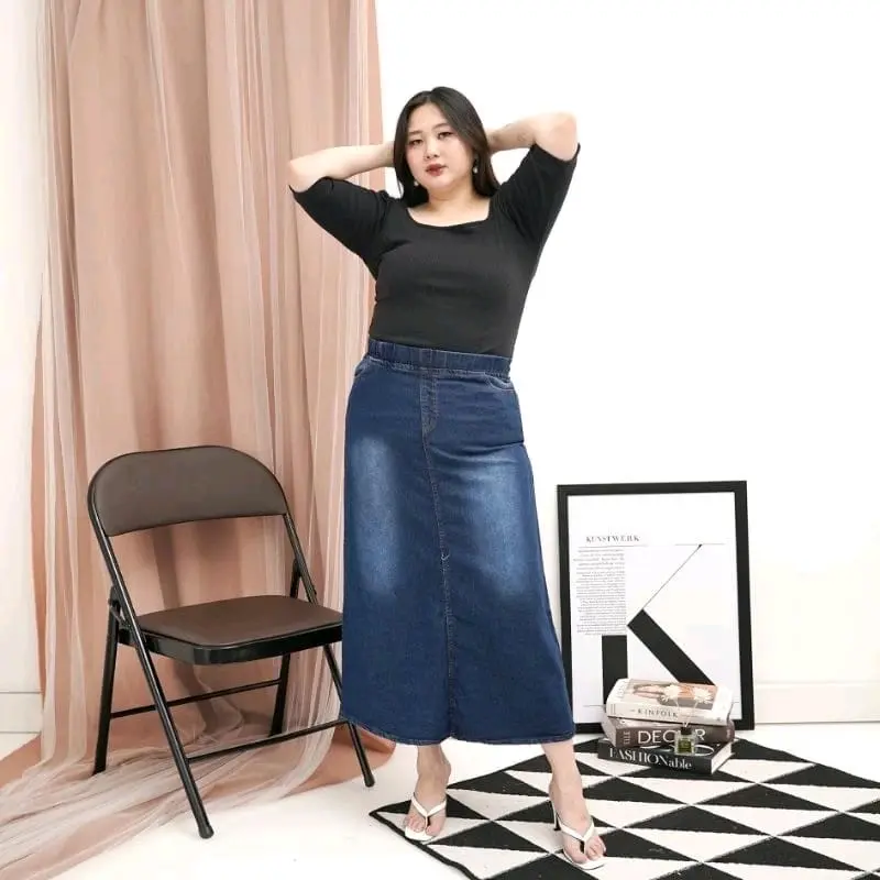 Rok Jeans Panjang Jumbo Wanita / Rok Jeans Panjang Wanita A-line / Rok Jeans Panjang Wanita Full Karet / Rok Denim Wanita Stretch Style Melar Tebal