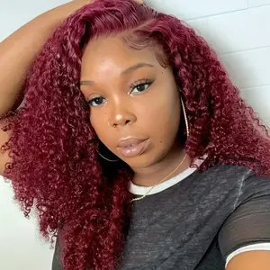99J Colored Curly Lace Front Wig Burgundy Red Remy Short Cut Bob Frontal Human Hair Wigs For Women Preplucked Water Wave Wigs