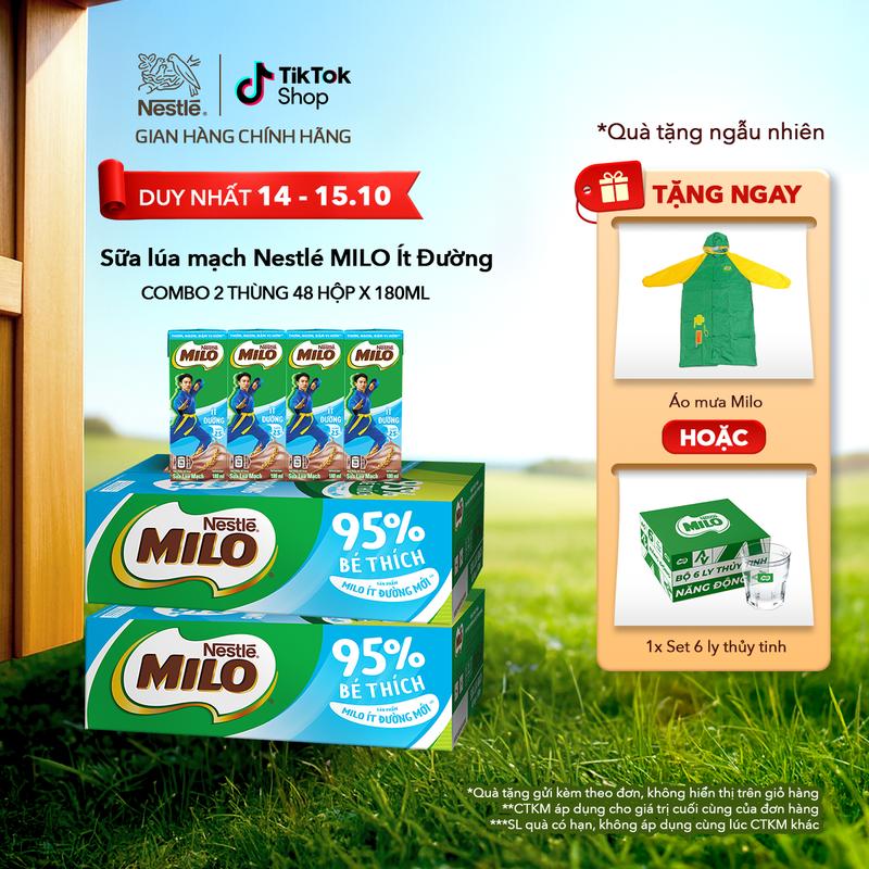 Nestlé VN Combo 2 Thùng Sữa lúa mạch Nestlé MILO ít đường 48 hộp x 180ml (12x4x180ml)-ST