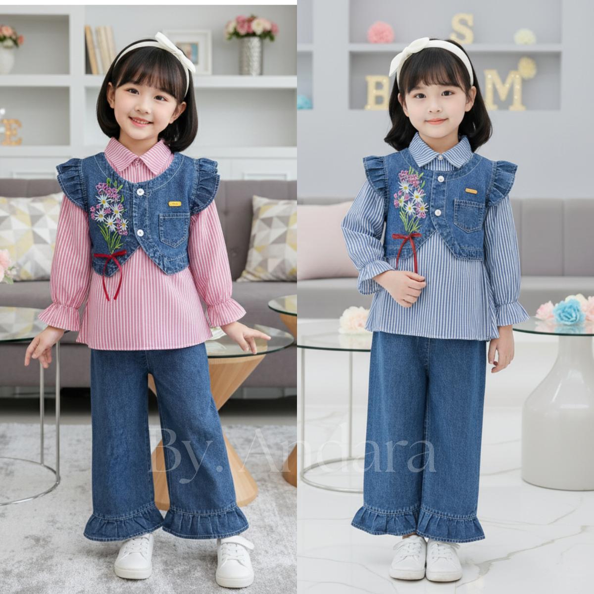 Setelan Nayyara Rompi Salur Lepas Jins Bordir Bunga + Pita merah anak Perempuan Usia 3 - 10 Tahun Model Nayyara Jeans Mix Katun salur Rompi Bordir Bunga Koreans Style Celana Jeans Usia 3 - 10 Tahun Set Bordir Love Model Korean Style terbaru Lebaran 2026