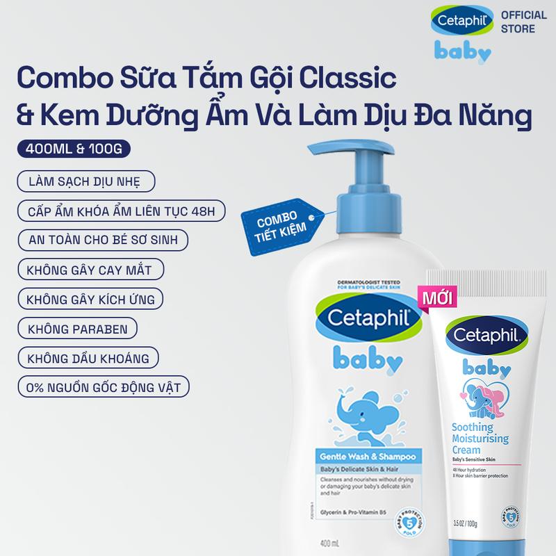 Combo Sữa tắm gội dịu lành cho bé CETAPHIL BABY GENTLE WASH & SHAMPOO 400ML & Kem dưỡng ẩm và làm dịu cho bé Cetaphil Baby Soothing & Moisturising Cream tuýp 100g