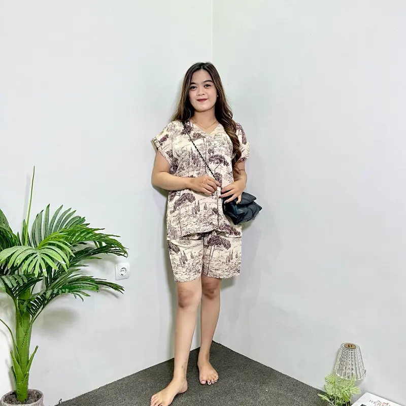 PIYAMA RAYON PENDEK | PIYAMA KANCING V-NECK Baju Celana pende 0