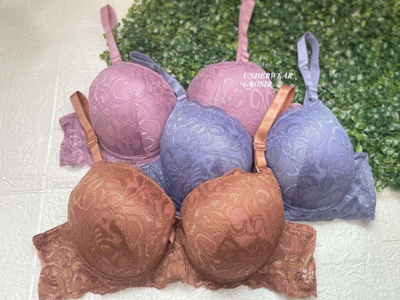 Promo 3 PCS ! BH Bra Kawat Push Up Busa Tebal Renda Cantik Cup B Kait 3 | Size 38 40 42 44 46 48 1