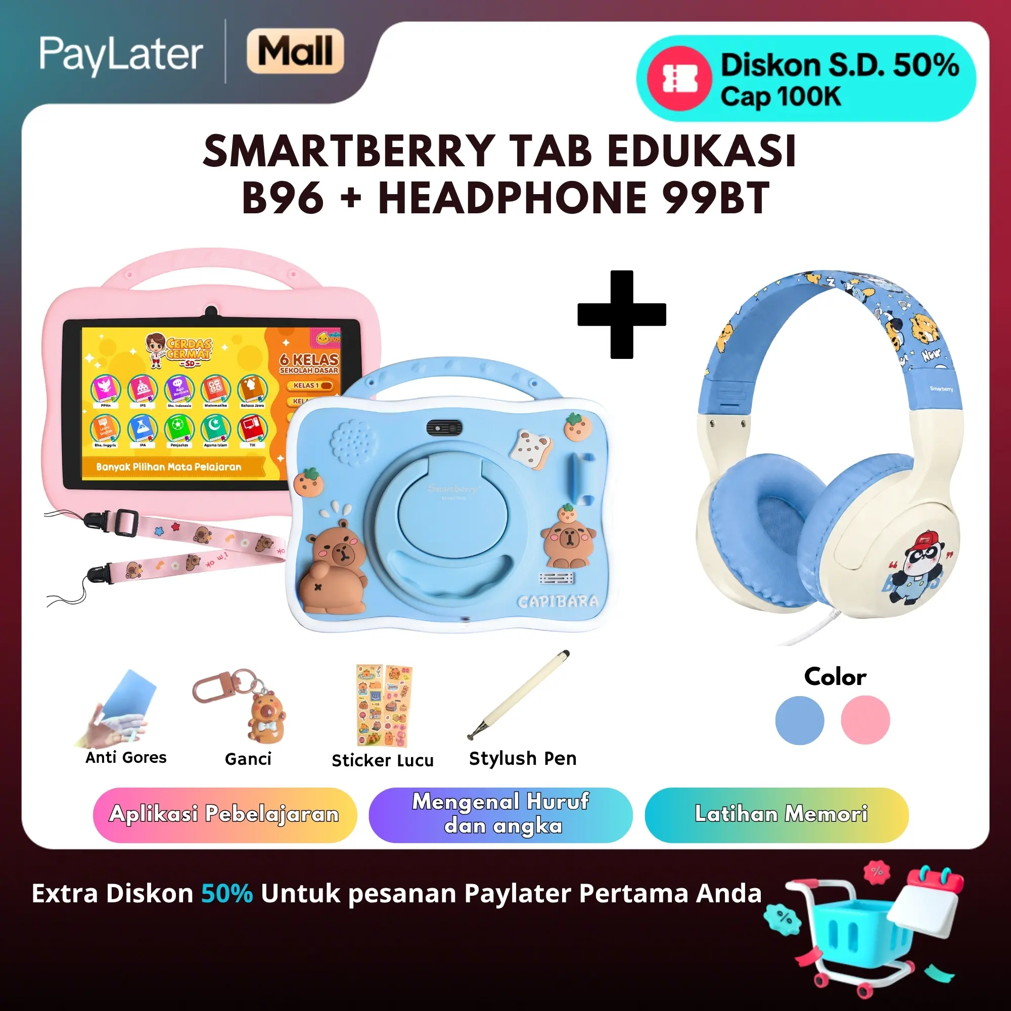 SMARTBERRY KIDS STUDY TAB B96 + 99BT Headphone Kabel / 4/128GB WIFI Aksesoris Belajar Anak karakter lucu hadiah COD