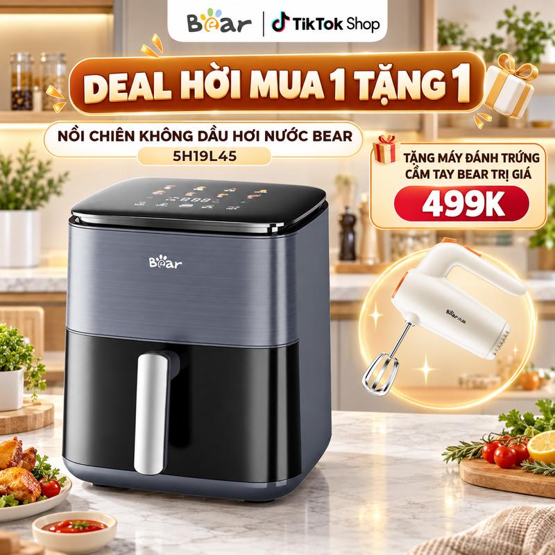 Nồi Chiên Không Dầu Hơi Nước Bear AF-4H16K, Dung Tích 6.2L, Công Suất 1600W, Màn Hình Điều Khiển Cảm Ứng, Công Nghệ 4D Chiên Nướng Không Cần Lật, Bảo Hành 18 Tháng