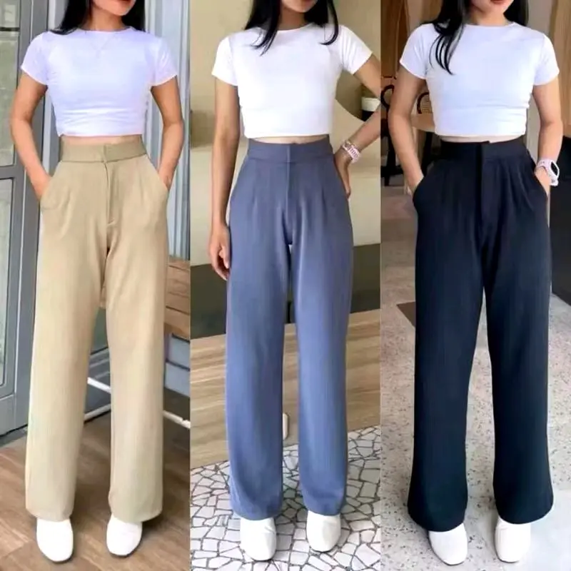 Celana Rib Knit Premium Kulot Panjang Wanita Dewasa - Model Terbaru - Linen, Scuba, Tebal, Cewek, Pant, Crop Melar Karet Soft