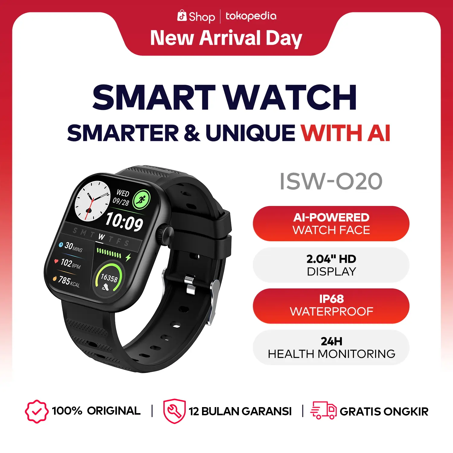 [BARU] itel Smart Watch ISW-O20 AI Watch Face | Pemantau Kesehatan 24 Jam | Panggilan BT | Layar HD 2.04" | Tahan Air IP68