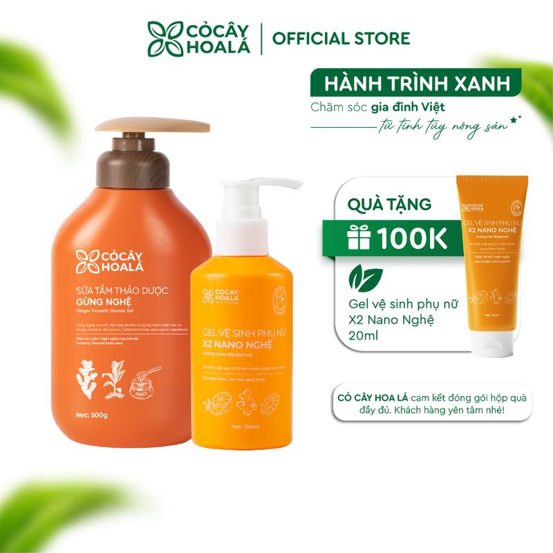 [COMBO MẸ BẦU & MẸ SAU SINH] Sữa Tắm Gừng Nghệ 500g & Dung Dịch Vệ Sinh X2 Nano Nghệ 150ml Cỏ Cây Hoa Lá - Làm sạch, hỗ trợ cải thiện mụn trên da, hỗ trợ ngăn ngừa vi khuẩn