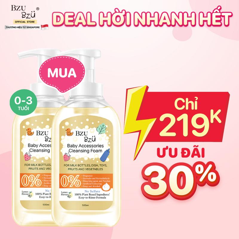 Combo 2 Chai Nước Rửa Bình Sữa Và Dụng Cụ Em Bé BZU BZU Tạo Bọt Hương Chanh 4 Công Dụng 500ml Cho Bé cọ rửa