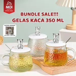 [ BUNDLE SALE ] Gelas Kaca 350 ML Dengan Tutup Beruang + Sedok/ Elegan Water Bottle Cup for Coffee-Tea /