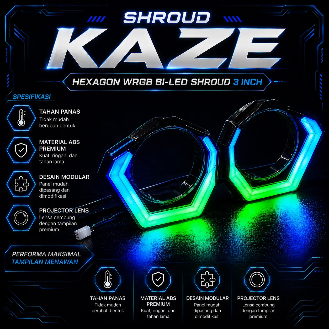 KAZE Shroud Bi-LED 3 Inch Universal - Cover Proyektor Lampu LED Motor Mobil - Retrofit Headlamp Premium Custom