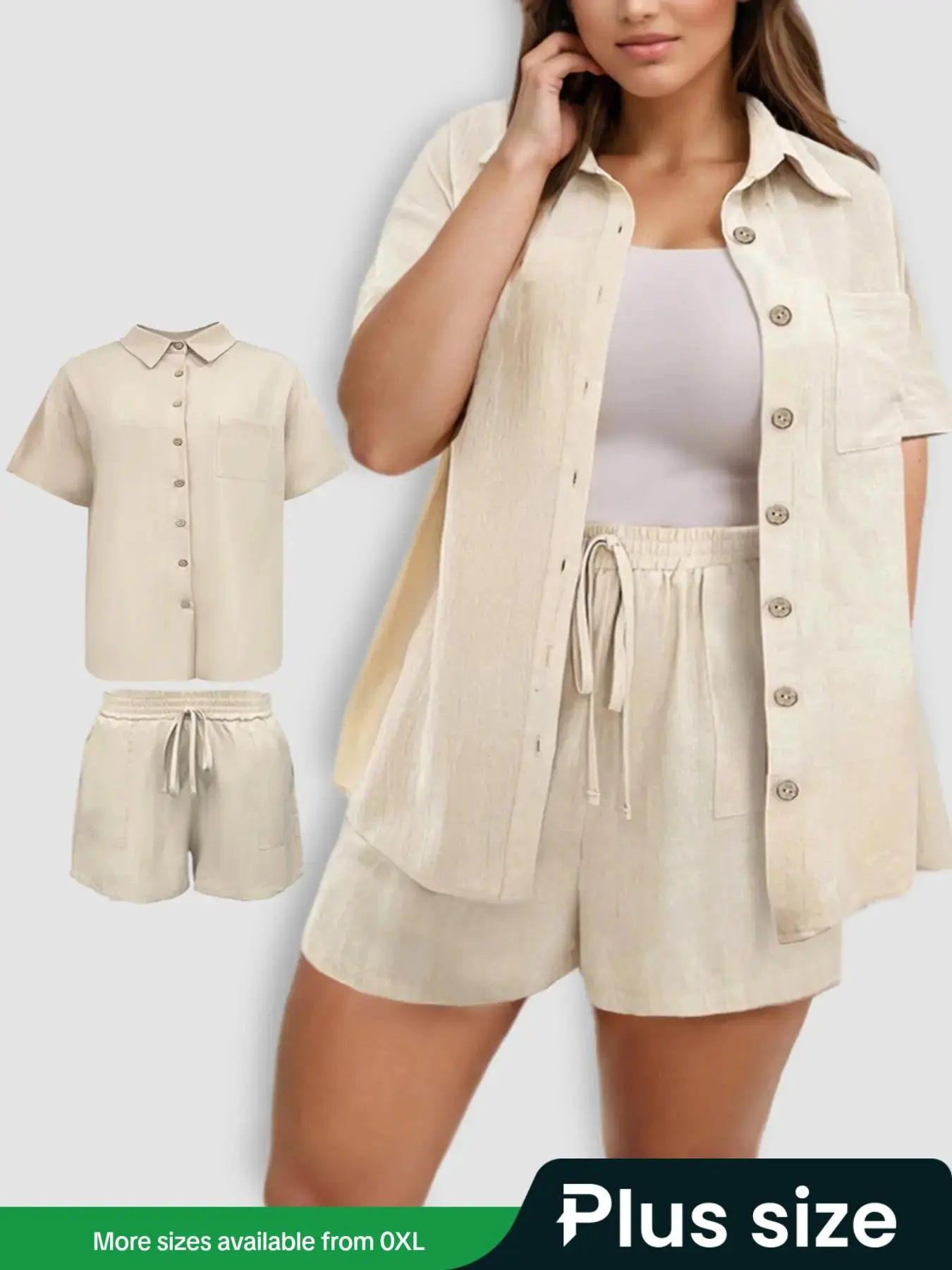【Plus Size】 Two-Piece Set Women's Solid Color Shirt & Shorts, Casual Button Front Top & Shorts for Summer, Curvy Ladies Clothes for Daily Wear