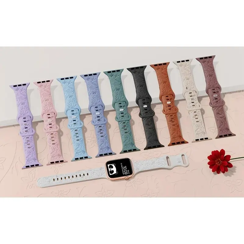 Strap for IWatch 49mm 45mm 44mm 42mm 41mm 40mm 38 mm Soft Sport Engraved Band Women Silicone Print Flower Printed Tali Jam Tangan Apple Watch Series 1 2 3 4 5 6 7 8 9 SE Ultra T500+pro Smartwatch S20 IWO HW IWO CW Rubber Accessories 5