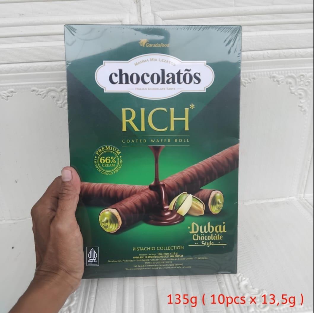 Chocolatos Rich Dubai 135gr Isi 10pcs | Chocolatos Wafer Roll Rich Dubai Chocolate Pistachio