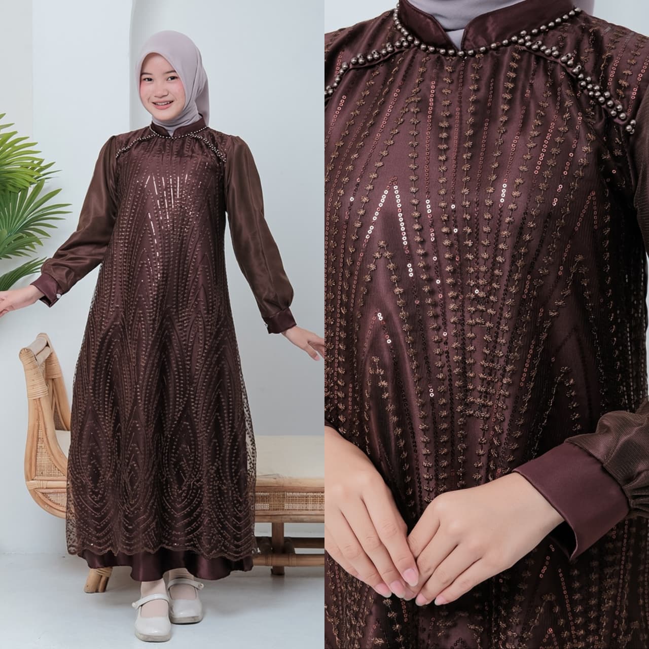 Quensha - Clara Dress Wanita Kekinian Brukat Tille Premium Bahan Silk Gamis Kondangan 2026 Dress Seragaman Pesta Remaja Perempuan