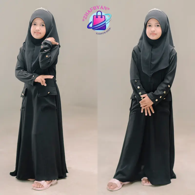 Gamis Abaya Anak Set Hijab 4th - 13th Model Tangan Kancing - Setelan Baju Dress Muslim Lebaran Syari Remaja Wanita Panjang Putih Hitam Crinkle Airflow  Navy Hijau Mustard Maroon 0