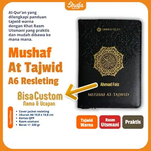 ( Custom Nama ) Al-Qur'An At Tajwid A6 Resleting  Non Terjemah Ukuran Saku Panduan Tajwid Warna & Waqaf Ibtida Khat Utsmani Standar Depag - Mushaf Quran