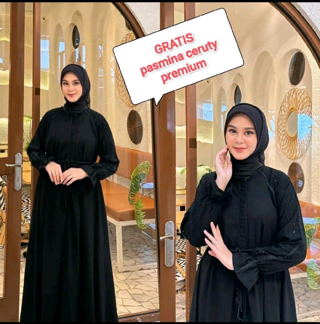 Abaya premium set kerudung pasmina ceruty gamis abaya dubai jet black wolpich wolpis resleting full bisa jadi outer terbaru