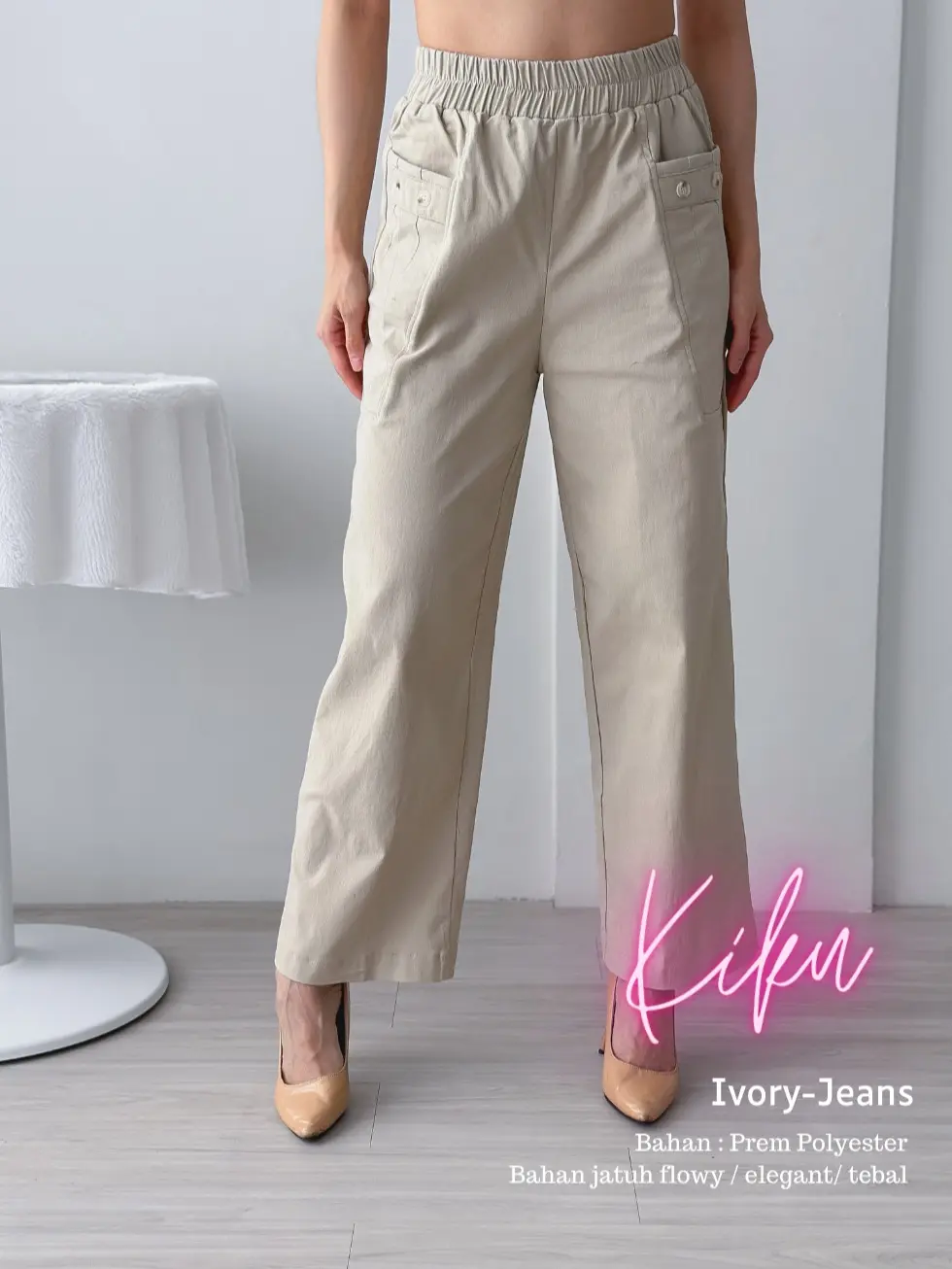 Cammomile KIKU pants 2305037 Celana kantong 2 Melar Panjang Wanita Denim Stretch Kaki Kulot Casual celanakulot celana korean style