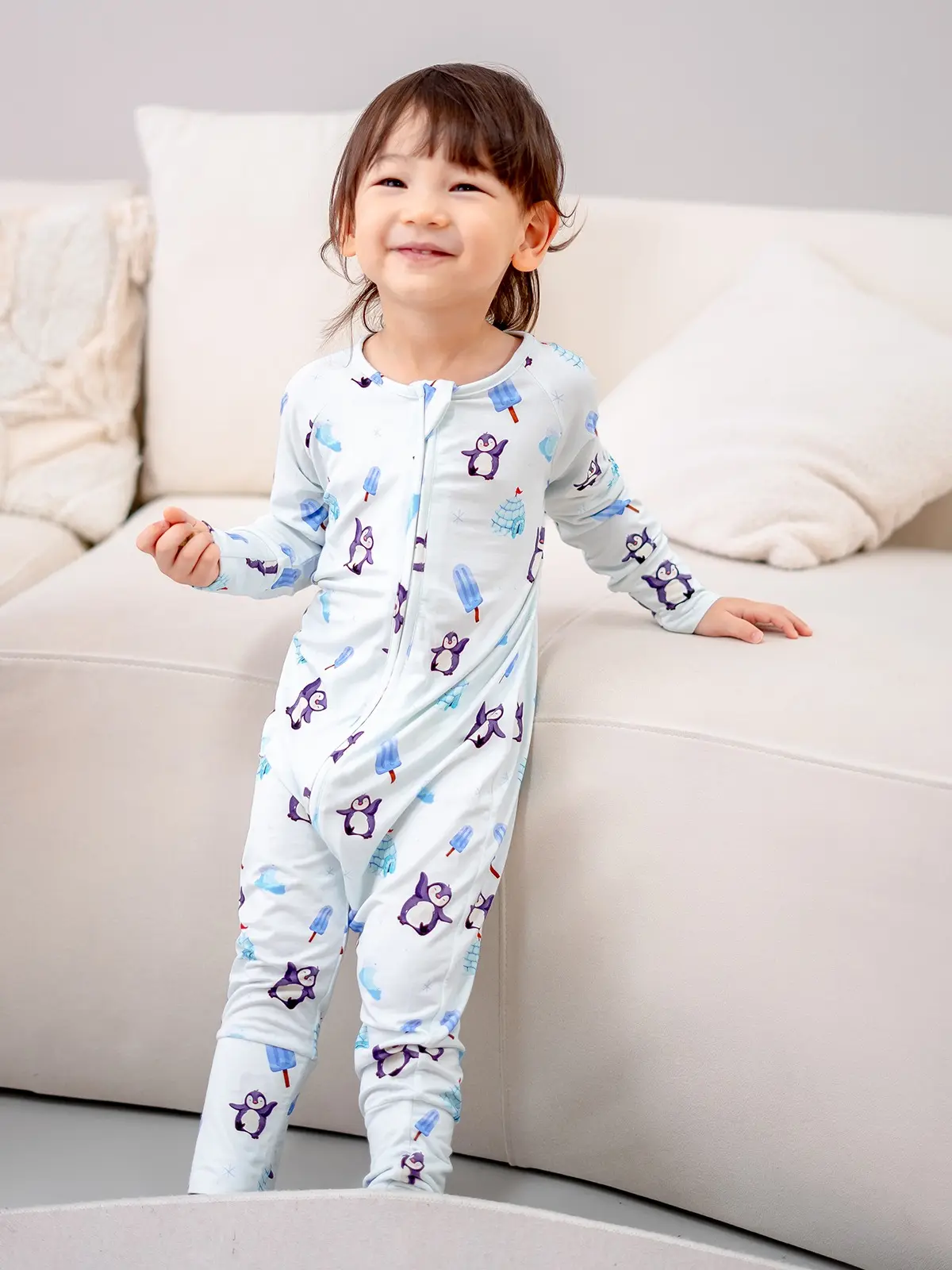 Coastberry Penguin Playground Bamboo Sleepsuit (Penguins, Igloos, Popsicles)