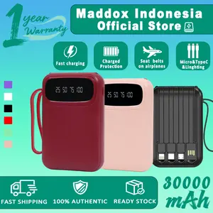 Maddox Powerbank Dual USB Flashlight 20000mAh dengan 4 Kabel Pengisian Cepat Tipe C Micro iPhone Portabel dan Aman untuk Ponsel dan Tablet
