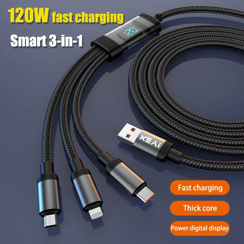 Kabel data tampilan digital pintar 3 in 1 pengisian cepat 120W cocok untuk ponsel Apple dan Android Charger Cable Adaptor Adapter 2