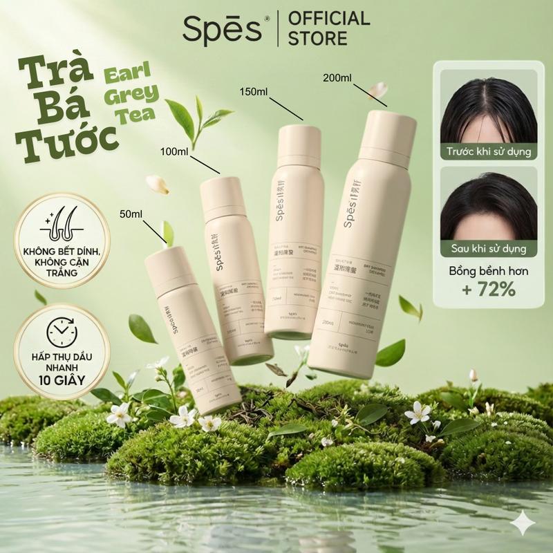 Dầu gội khô SPES hương trà bá tước dạng xịt hút dầu không bết dính giữ nếp 8h size 50 100 150 200ml