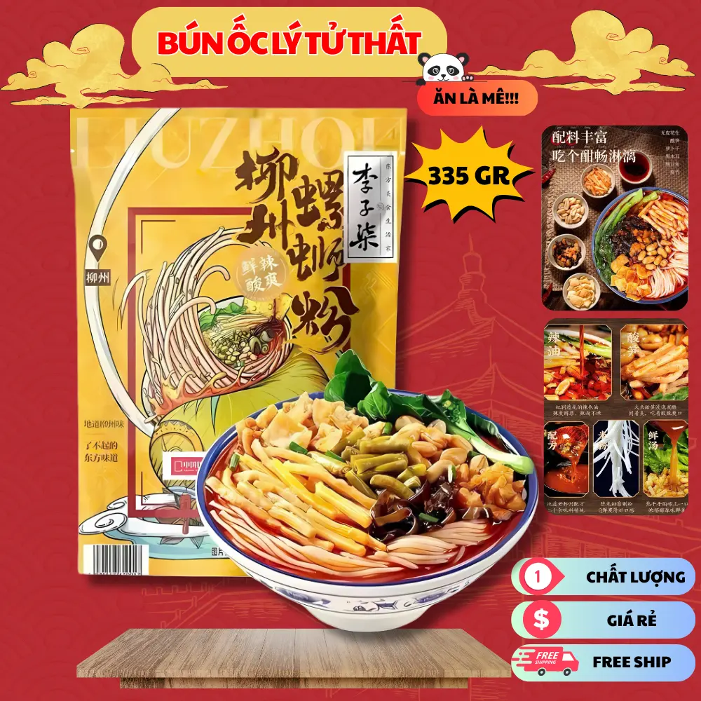 Bún ốc Liễu Châu Lý Tử Thất gói lớn 216gr - 335gr. Bún ốc Lý Tử Thất Liễu Châu, bún ốc nội địa Trung thơm ngon đậm vị. Bún ốc vị chua cay ăn là ghiền