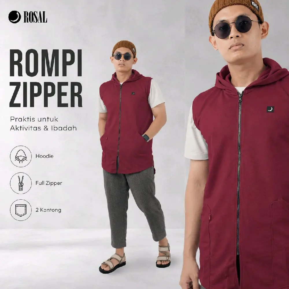 Rompi Shalat Zipper Hoodie ROSAL Pria Dewasa Ukuran M L XL 2XL 3XL