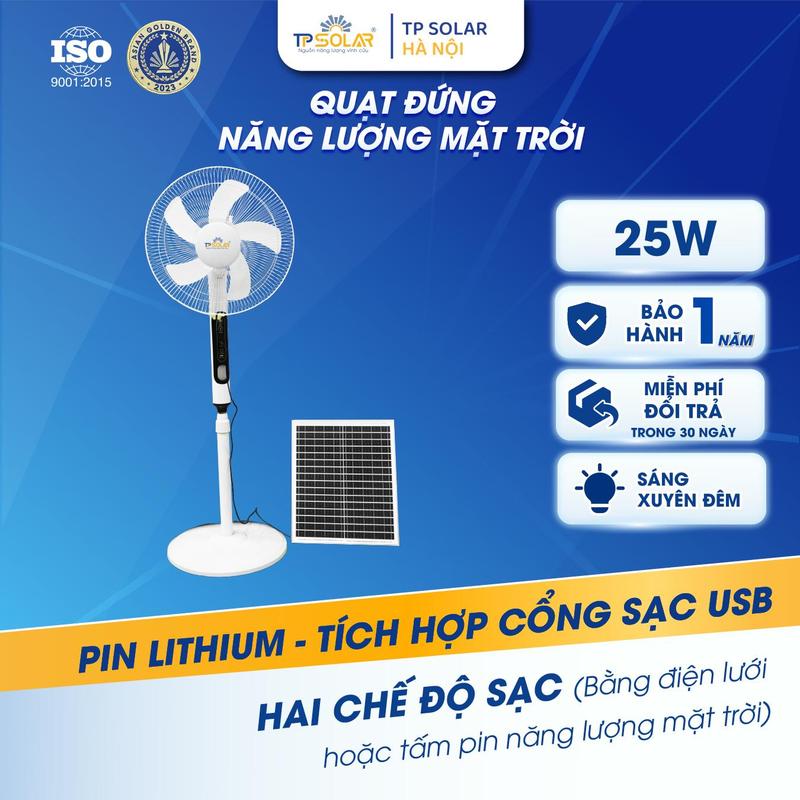 Quạt Tích Điện Năng Lượng Mặt Trời TP Solar Quạt Điện Công Suất 25W Pin Lithium Tích Hợp Cổng Sạc USB Hai Chế Độ Sạc