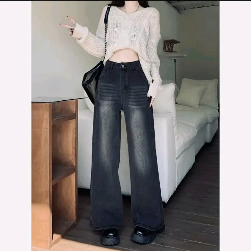 Naysqii - Highwaist Kulot Loose Jeans Retro Wanita - Kulot Jeans Wanita Celana Panjang Cewek Hitam Cutbray Dewasa