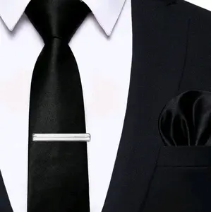 Dasi instan  pria plus penjepit dasi silver metalik dasi 3inchi 8 cm+ pocket square 3 in 1 packing box