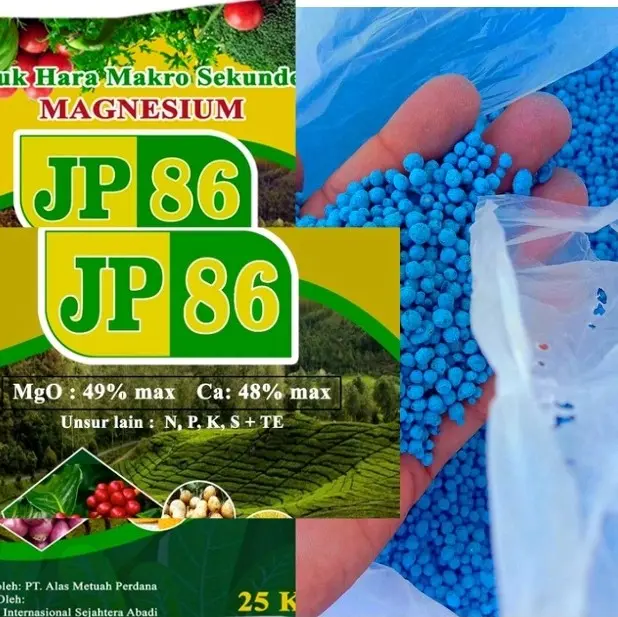 Pupuk Anorganik Jp86. kandungan Magnesium tinggi dan Unsur N.P.K.S+TE .di gunakan untuk semua tanaman keras maupun lunak. bentuk Butiran granul warna biru dan mudah larut. 0