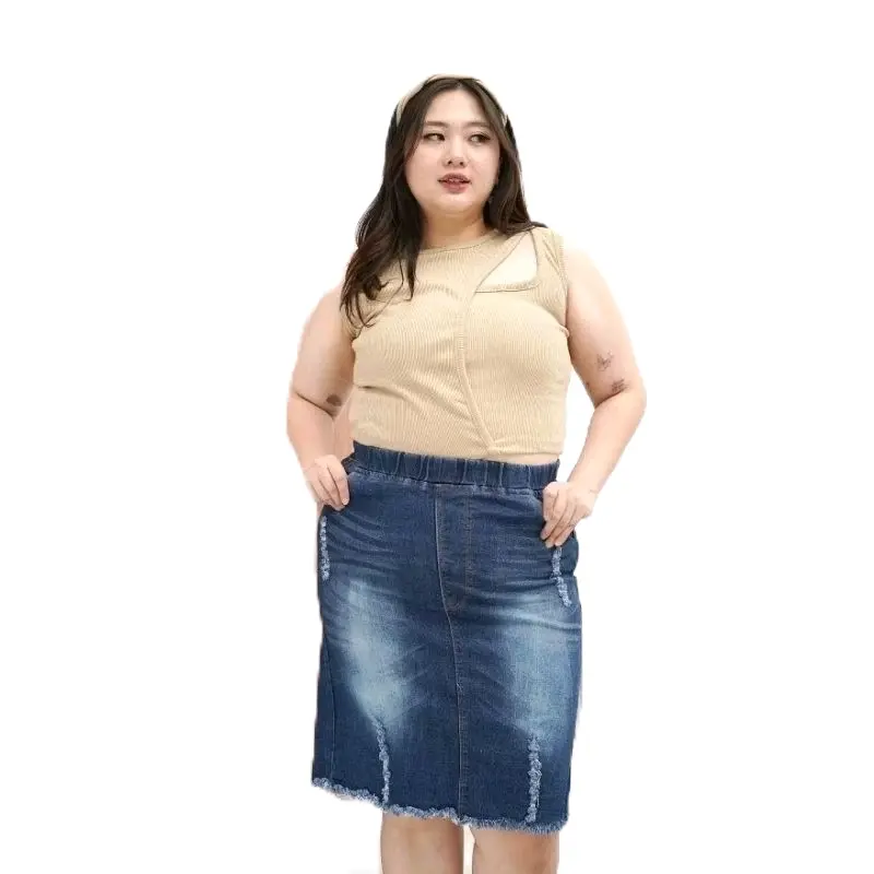 Rok Jeans Mini Rawis Wanita Pinggang Full Karet Bahan Melar Ketebalan 20 oz - Dewasa, jeans jeans rawis // pinggang karet
