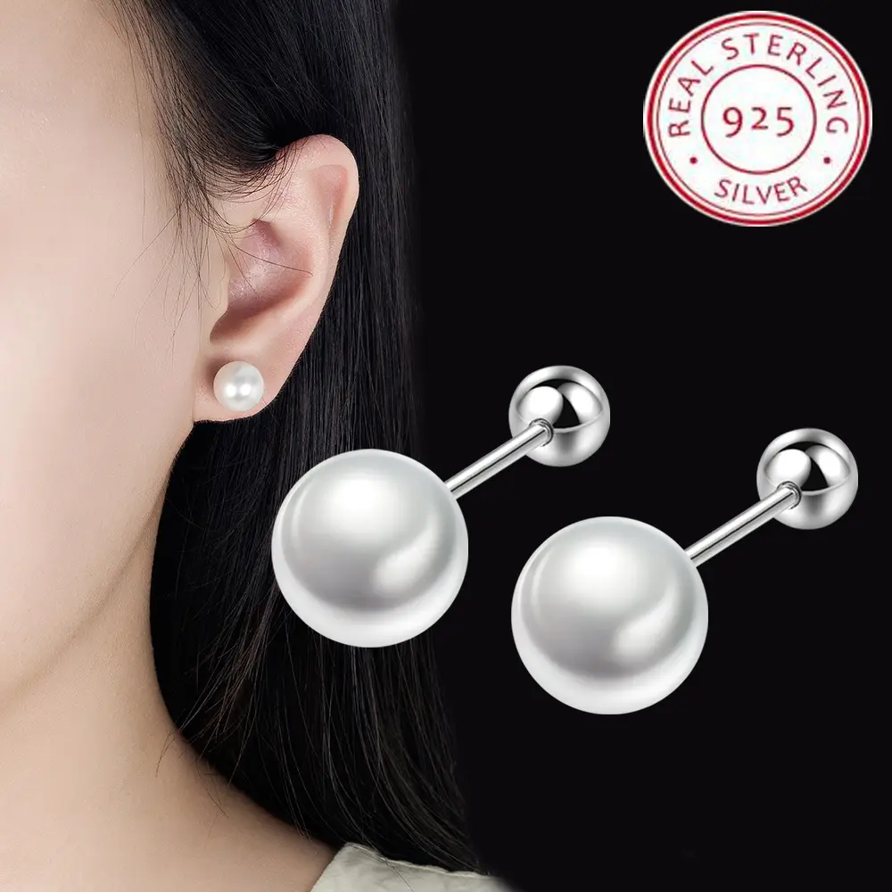 925 Sterling Si er 6mm/8mm/10mm/12mm Fresh ter Cultured Pearl Button Ball Stud Earrings For Women As Gifts Jewerly E007