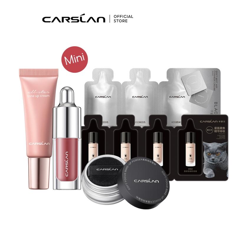Bộ Trang Điểm Mẫu Mini, Bộ 5 Món, Sản Phẩm Của Carsan, phấn chống thấm nước và kiềm dầu, kem nền dạng lỏng lâu trôi, tinh chất dưỡng môi, kem làm sáng da mặt 5g+4g+4g+1g+1g