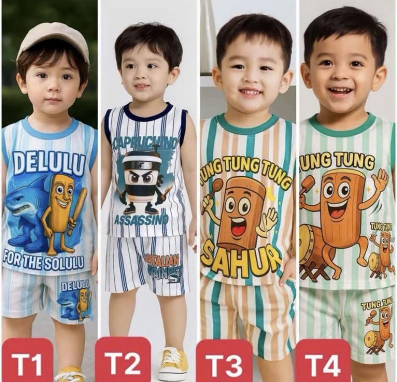 Bộ quần áo thun lạnh co giãn cho bé trai in hình TUNG TUNG SAHUR vải mát size dưới 30kg