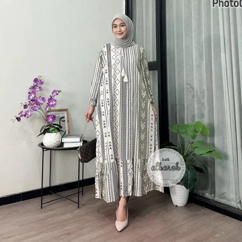Dress Qonita panjang Ld 120 busui bahan rayon premium midi dress pb 130 motif salur etnik ada saku gamis katun rayon 4