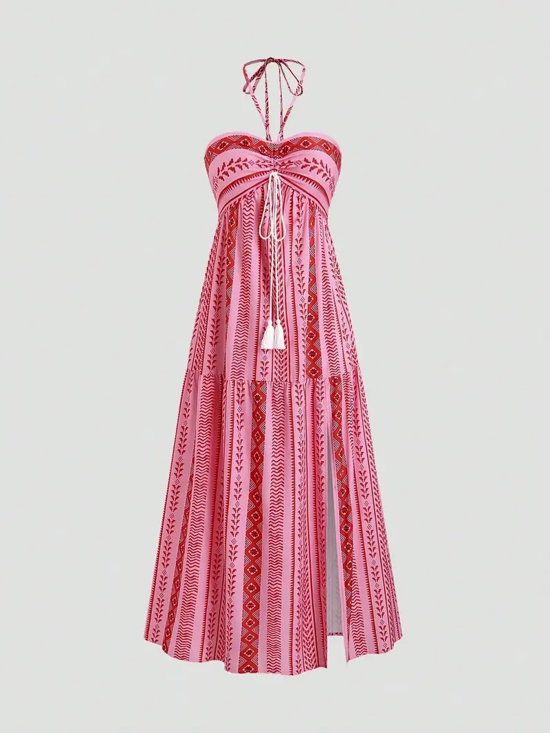 Vestidos De Praia De Verão Femininos Vestidos Suspensórios Bohemian Charm Halter Estampa Floral Atraente Sem Costas Para Dias Quentes