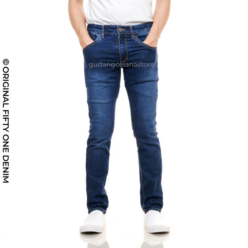 FIFTY ONE DENIM Celana Jeans Pria Panjang Slim Fit Stretch Bio Wash  Premium New Original BIO WASH SCRUP BENANG KUNING S (27-28) BB  40-45
