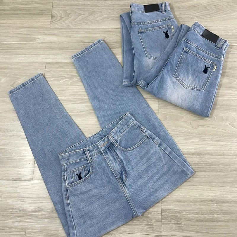 ( S - XL ) Quần Baggy Jean Thêu Thỏ, Lưng Cao Tôn Dáng, phối mác da chất jean không giản, quần dài 95cm, jean không giản Women Nữ Pants 638