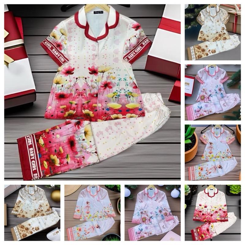 Bộ Pyzama mặc nhà 40 -75 kg in Hoa La lụa Latin tay ngắn quần dài phối nẹp mặt nhà - xưởng may thanh thảo Kem