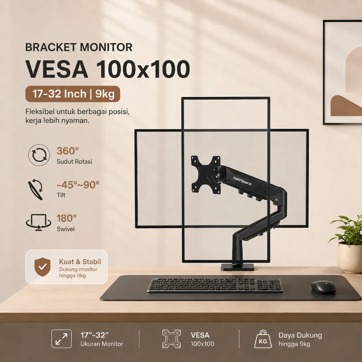 MutiaraMall | Bracket Monitor Meja Mount | Clamp VESA 17 Inch TV | 32 32Inch 100mm 75mm 2mm