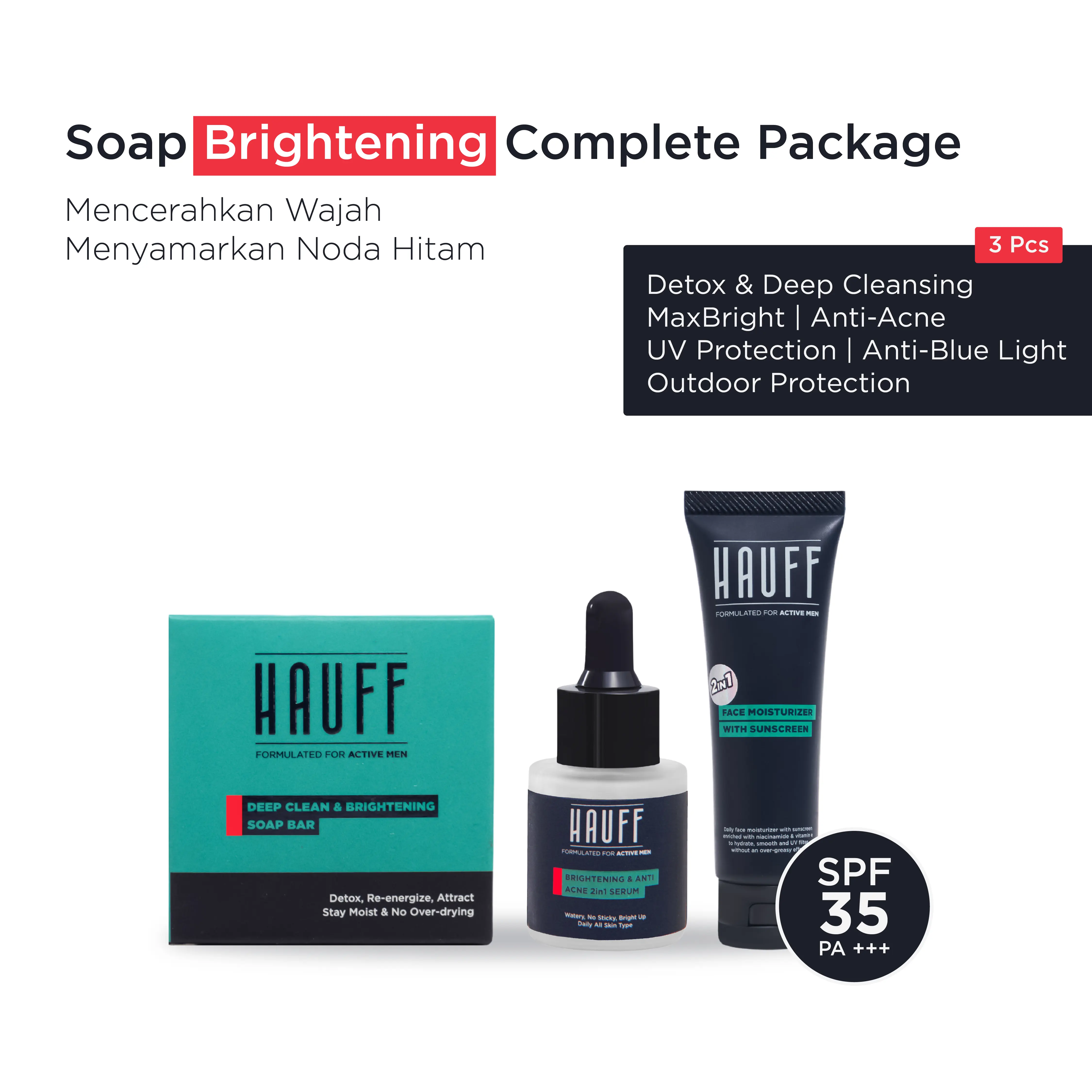 HAUFF SOAP BRIGHTENING COMPLETE PACKAGE | Paket Lengkap Skincare Pria | Mencerahkan Wajah Kusam | Menyamarkan Noda Hitam | Menghilangkan Komedo | Detox & Deep Cleansing | Charcoal, Niacinamide, Alpha Arbutin, Acid Complex, 10-Fruit Extract Complex