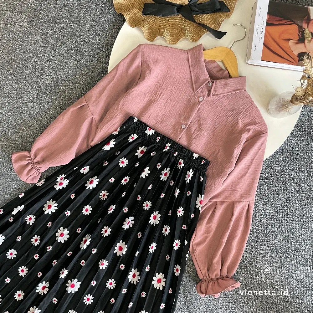 Vienetta.id - ONE SET SETELAN WANITA BAJU ROK PANJANG one set KIYOWO one set LUCU one set wanita kekinian korean style SETELAN ROK BUNGA FLORAL SKIRT BAJU BUAT HEALING PIKNIK JALAN HANGOUT KULIAH KAMPUS TERBARU KEKINIAN 2025 OVERSIZE FIT XL CASUAL BASIC
