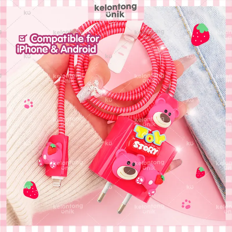 KELONTONG UNIK | CUTE 3D - Set Paket Cover Pelindung Kepala & Kabel Charger Spiral / Cable Set Protector - Compatible for iPhone Rapatech Anker Ugreen Robot Samsung Vivo ,CPSU