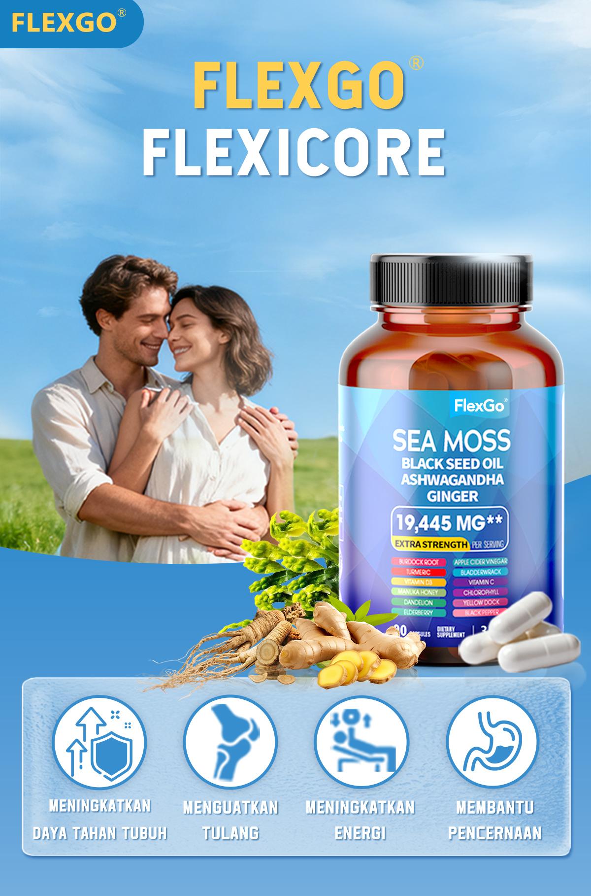 FLEXGO Sea Moss,Black Diamond Oil & Ashwagandha Capsules – Suplemen All-in-One untuk Energi,Tingkatkan Energi, Tidur Nyenyak & Turunkan Kortisol – FDA & GMP FLEXGO Sea Moss,Black Diamond Oil & Ashwagandha Capsules – Suplemen All-in-One untuk Energi,Tingkatkan Energi, Tidur Nyenyak & Turunkan Kortisol – FDA & GMP