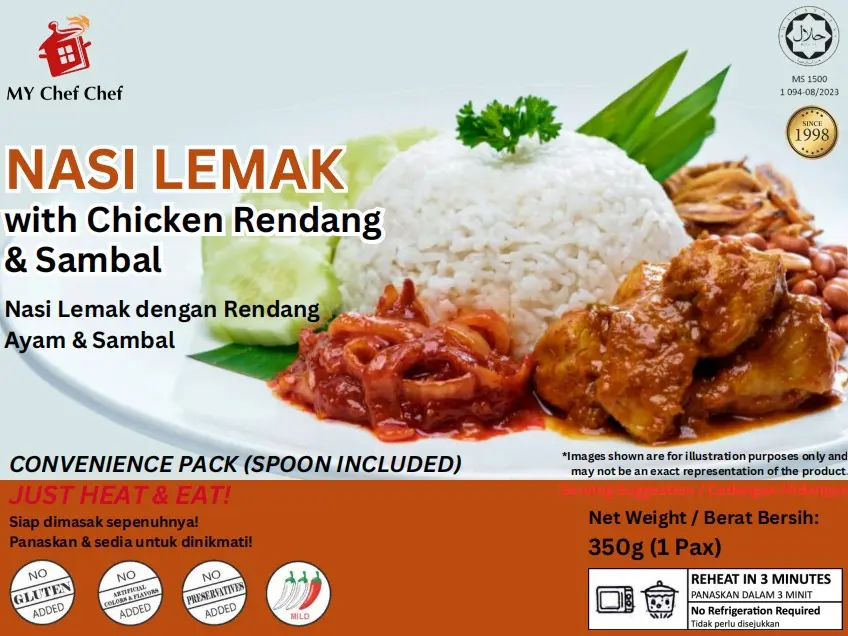 Instant Nasi Lemak with Chicken Rendang and Sambel
