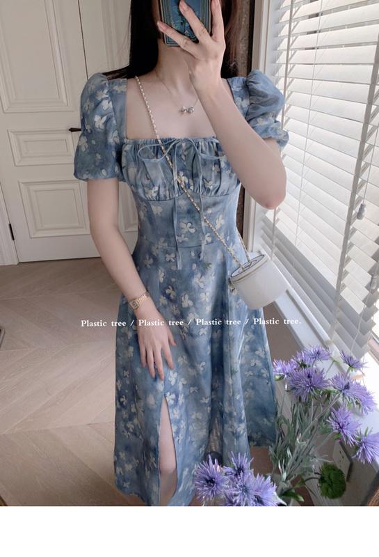 Product Introduction of phụ nữ ăn mặcĐầm Voan Pháp, In Hoa Mùa Hè, Cạp Cao Xẻ Tà, Hàng Mới Về Cho Nữ, Bó Sát Eo, Cổ Vuông, Tay bồng Hoa, Đầm Midi Dress Women 15